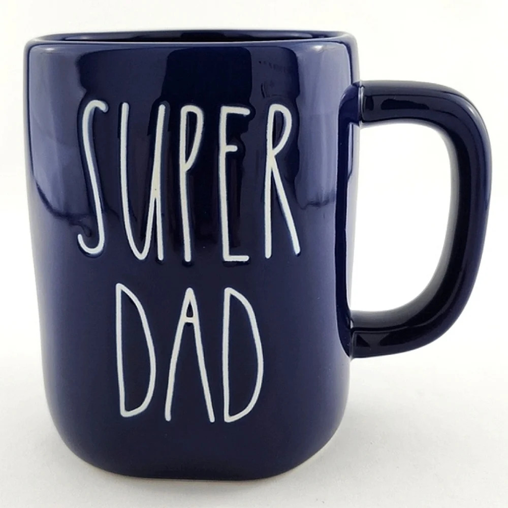 NWT Rae Dunn Artisan  Coffee Mug Glossy Blue White Large Letters SUPER DAD